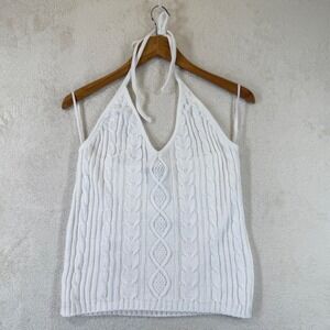 American Attitudes Y2K Cable Knit Halter Top L White Cotton Made USA Open Back